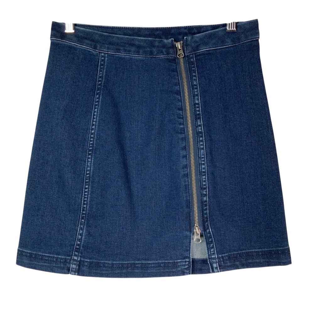 Free People Blue Denim A-Line Mini Skirt 4 Exposed Zipper High Waist Seam Detail